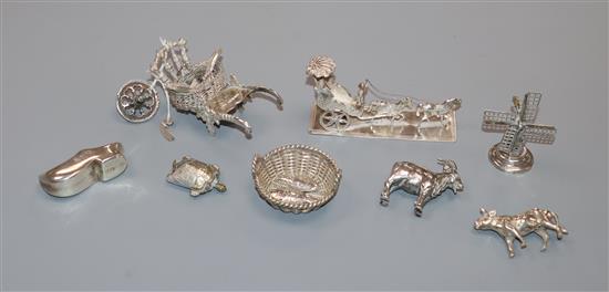 A group of Dutch and other silver/white metal miniature novelties, including a goat pin cushion